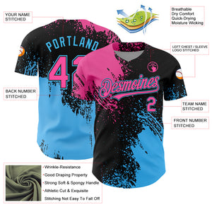 Custom Pink Black-Sky Blue 3D Pattern Design Abstract Brush Stroke Authentic Baseball Jersey