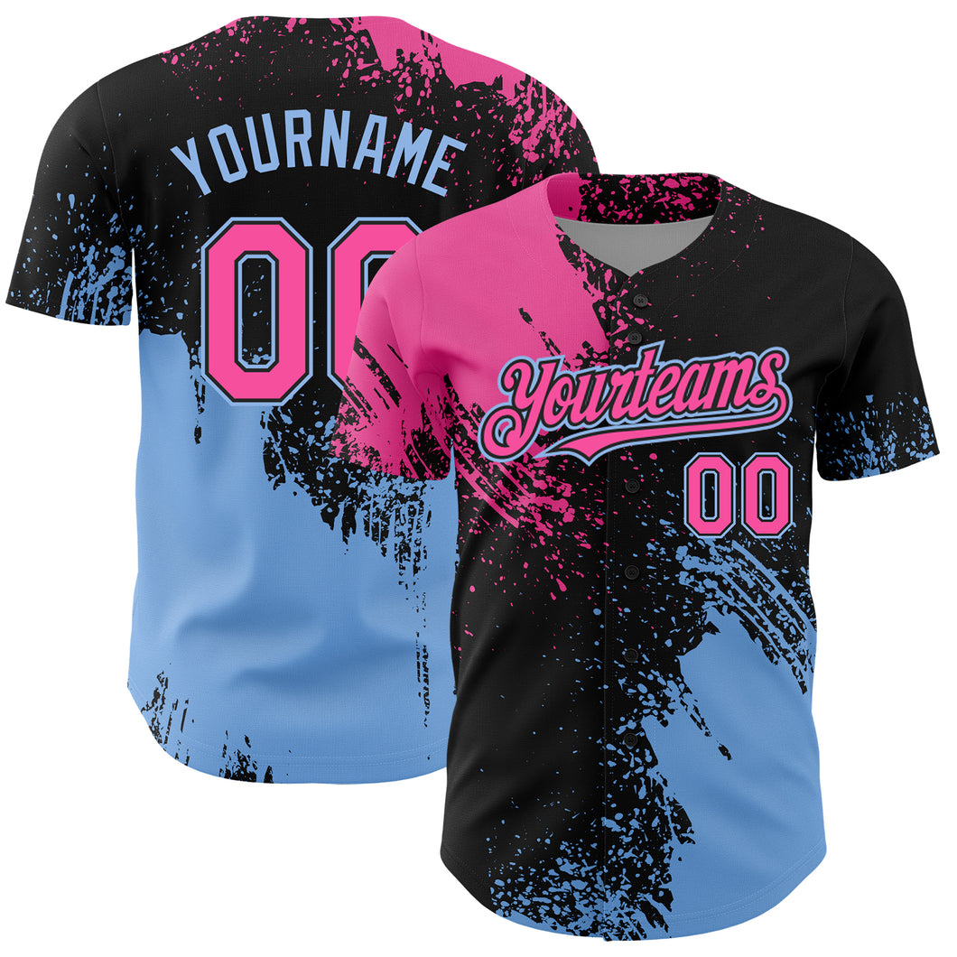 Custom Pink Black-Light Blue 3D Pattern Design Abstract Brush Stroke Authentic Baseball Jersey