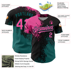 Custom Pink Black-Teal 3D Pattern Design Abstract Brush Stroke Authentic Baseball Jersey