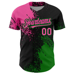 Custom Pink Black-Grass Green 3D Pattern Design Abstract Brush Stroke Authentic Baseball Jersey