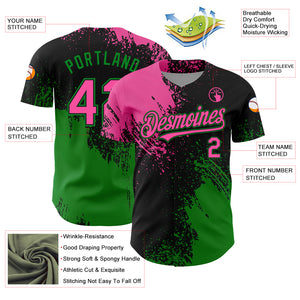 Custom Pink Black-Grass Green 3D Pattern Design Abstract Brush Stroke Authentic Baseball Jersey