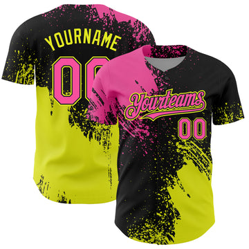 Custom Pink Black-Neon Yellow 3D Pattern Design Abstract Brush Stroke Authentic Baseball Jersey