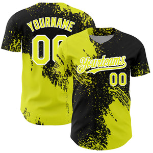 Custom Neon Yellow Black-White 3D Pattern Design Abstract Brush Stroke Authentic Baseball Jersey