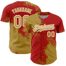 Load image into Gallery viewer, Custom Old Gold Red-White 3D Pattern Design Abstract Brush Stroke Authentic Baseball Jersey
