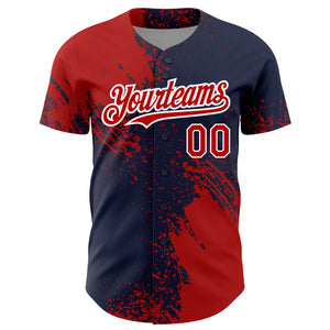 Custom Red Navy-White 3D Pattern Design Abstract Brush Stroke Authentic Baseball Jersey