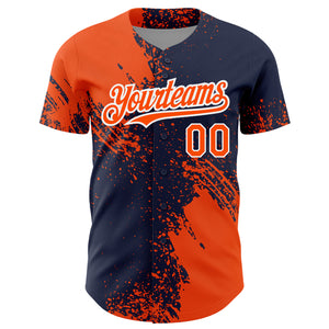 Custom Orange Navy-White 3D Pattern Design Abstract Brush Stroke Authentic Baseball Jersey