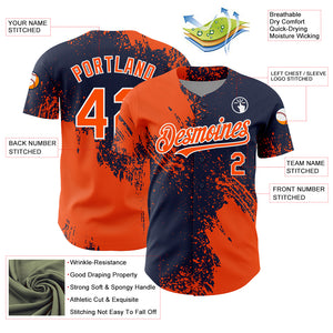 Custom Orange Navy-White 3D Pattern Design Abstract Brush Stroke Authentic Baseball Jersey