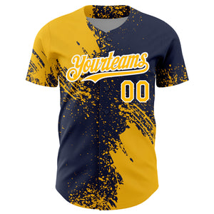 Custom Gold Navy-White 3D Pattern Design Abstract Brush Stroke Authentic Baseball Jersey