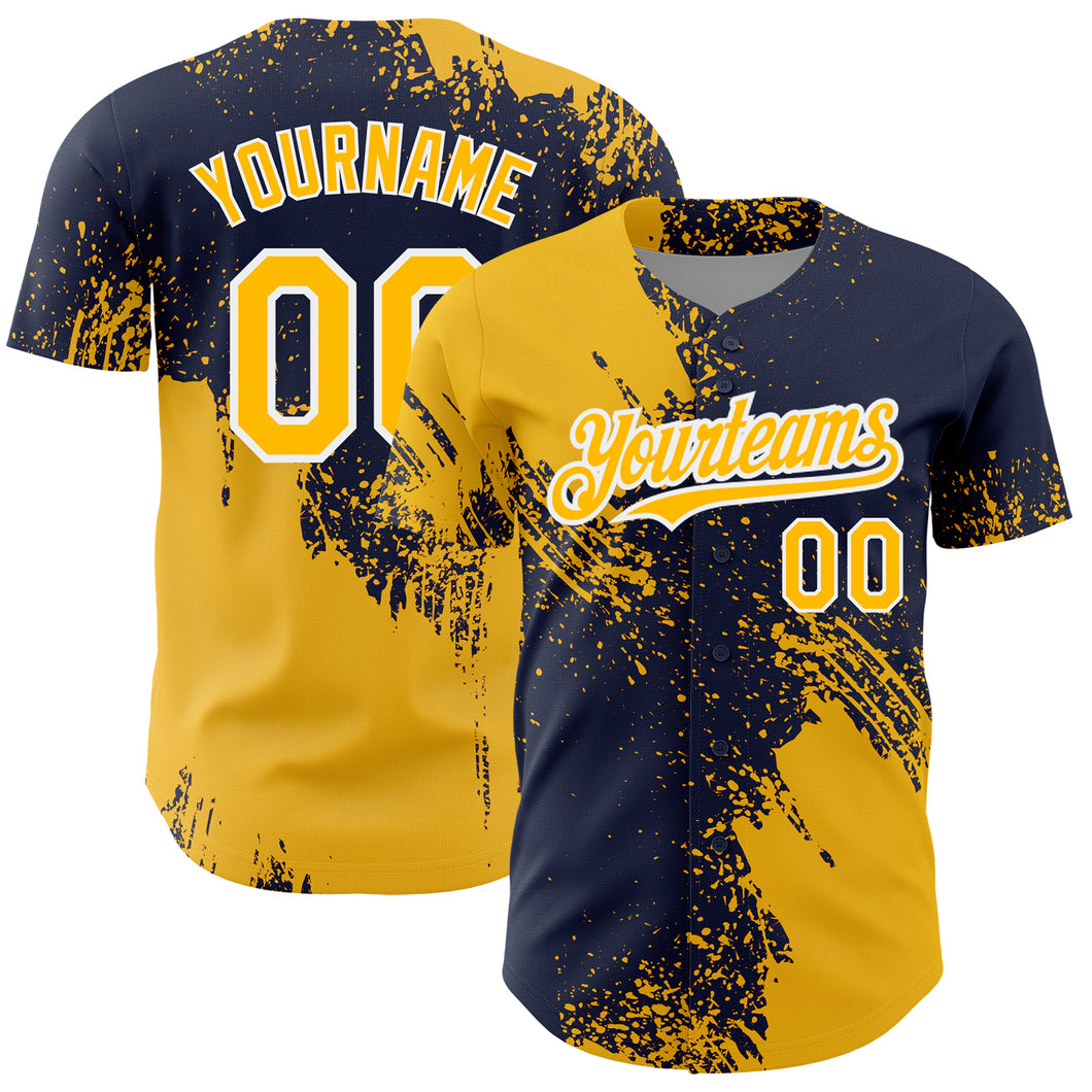 Custom Gold Navy-White 3D Pattern Design Abstract Brush Stroke Authentic Baseball Jersey