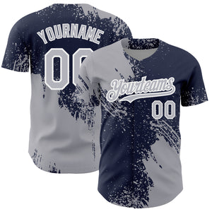 Custom Gray Navy-White 3D Pattern Design Abstract Brush Stroke Authentic Baseball Jersey