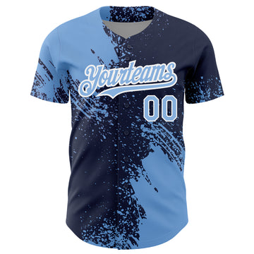 Custom Light Blue Navy-White 3D Pattern Design Abstract Brush Stroke Authentic Baseball Jersey