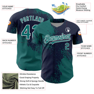 Custom Teal Navy-White 3D Pattern Design Abstract Brush Stroke Authentic Baseball Jersey