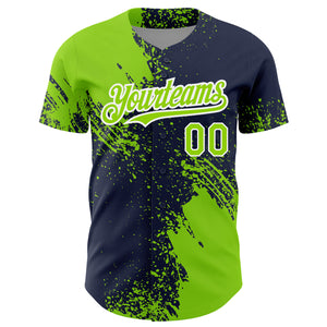 Custom Neon Green Navy-White 3D Pattern Design Abstract Brush Stroke Authentic Baseball Jersey