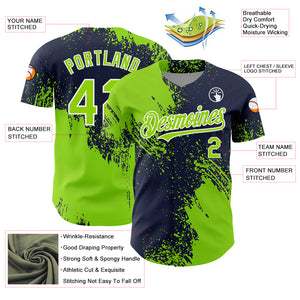 Custom Neon Green Navy-White 3D Pattern Design Abstract Brush Stroke Authentic Baseball Jersey