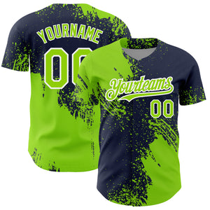 Custom Neon Green Navy-White 3D Pattern Design Abstract Brush Stroke Authentic Baseball Jersey