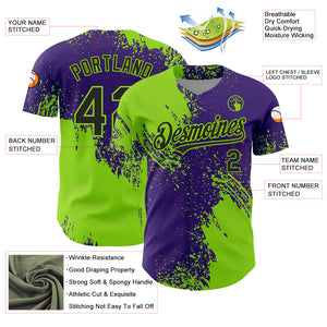 Custom Neon Green Black-Purple 3D Pattern Design Abstract Brush Stroke Authentic Baseball Jersey