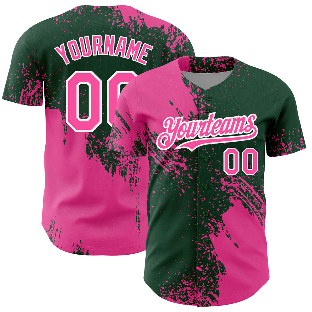 Custom Pink Green-White 3D Pattern Design Abstract Brush Stroke Authentic Baseball Jersey