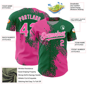 Custom Pink Kelly Green-White 3D Pattern Design Abstract Brush Stroke Authentic Baseball Jersey