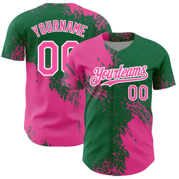 Custom Pink Kelly Green-White 3D Pattern Design Abstract Brush Stroke Authentic Baseball Jersey