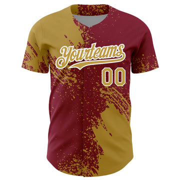 Custom Old Gold Crimson-White 3D Pattern Design Abstract Brush Stroke Authentic Baseball Jersey