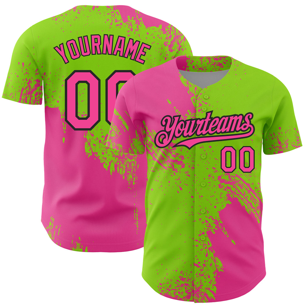 Custom Pink Neon Green-Black 3D Pattern Design Abstract Brush Stroke Authentic Baseball Jersey