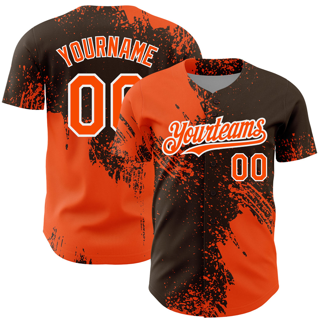 Custom Orange Brown-White 3D Pattern Design Abstract Brush Stroke Authentic Baseball Jersey