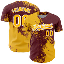 Load image into Gallery viewer, Custom Gold Burgundy-White 3D Pattern Design Abstract Brush Stroke Authentic Baseball Jersey
