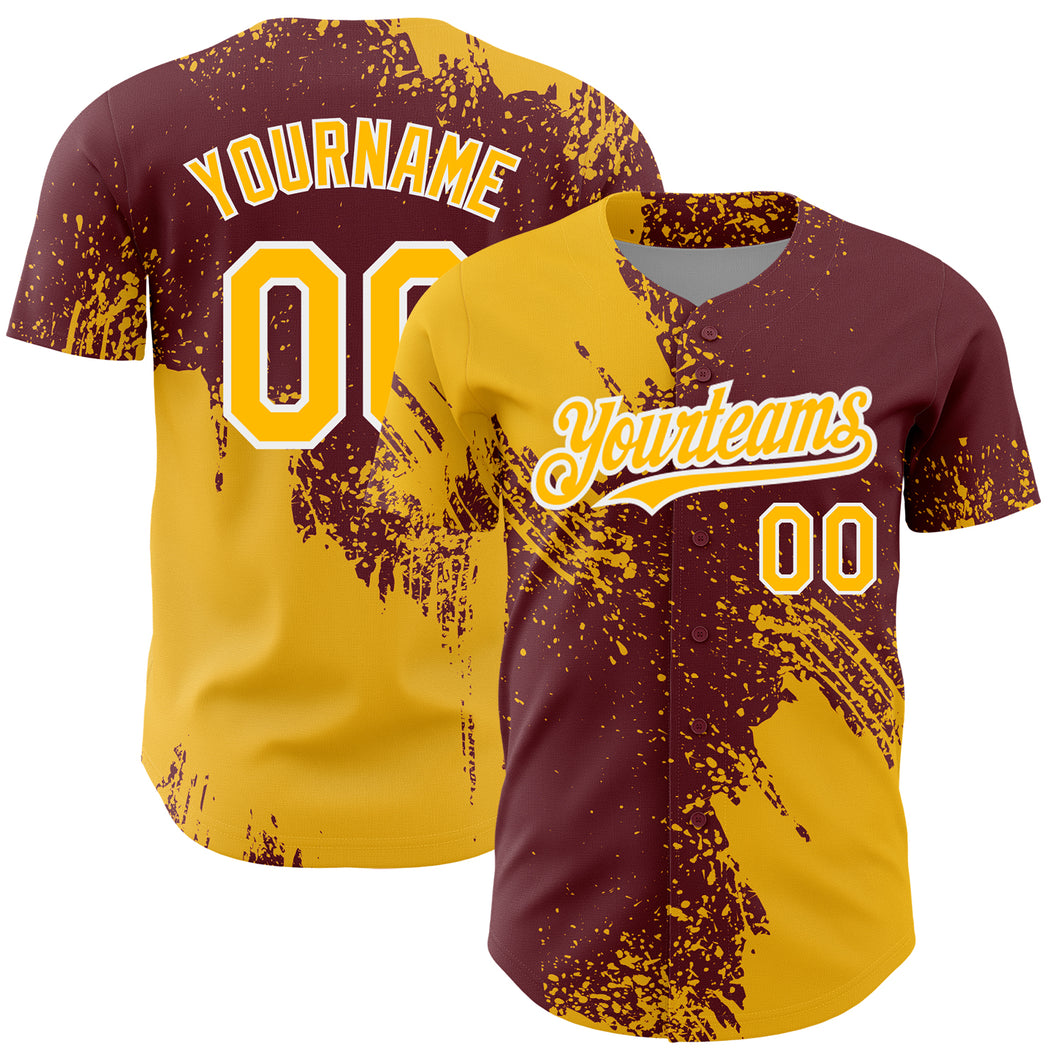 Custom Gold Burgundy-White 3D Pattern Design Abstract Brush Stroke Authentic Baseball Jersey