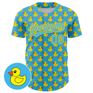 Custom Sky Blue Yellow 3D Pattern Design Animal Duck Authentic Baseball Jersey