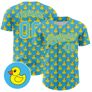 Custom Sky Blue Yellow 3D Pattern Design Animal Duck Authentic Baseball Jersey