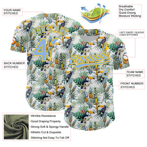 Custom White Light Blue-Yellow 3D Pattern Design Animal Toucan And Tropical Hawaii Palm Leaves Authentic Baseball Jersey