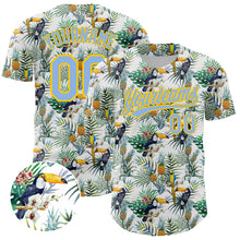 Загрузить изображение в средство просмотра галереи, Custom White Light Blue-Yellow 3D Pattern Design Animal Toucan And Tropical Hawaii Palm Leaves Authentic Baseball Jersey
