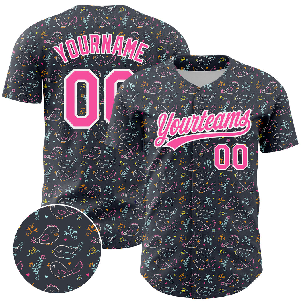 Custom Navy Pink-White 3D Pattern Design Animal Bird Authentic Baseball Jersey