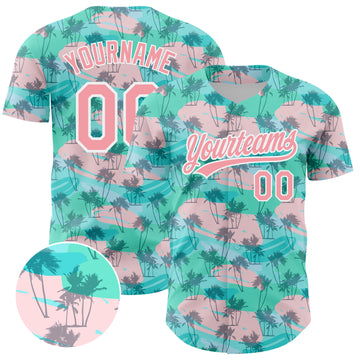 Custom Green Medium Pink-White 3D Pattern Design Tropical Hawaii Palm Trees Authentic Baseball Jersey