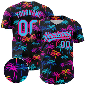 Custom Black Sky Blue-Hot Pink 3D Pattern Design Tropical Hawaii Palm Trees Authentic Baseball Jersey