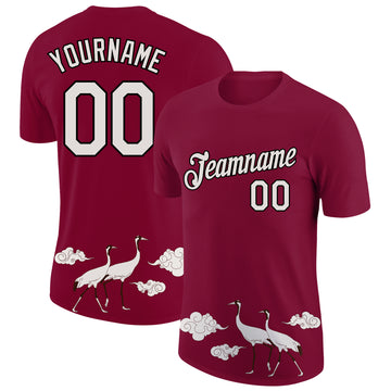 Custom Maroon White-Black 3D Pattern Design Animal Crane Performance T-Shirt