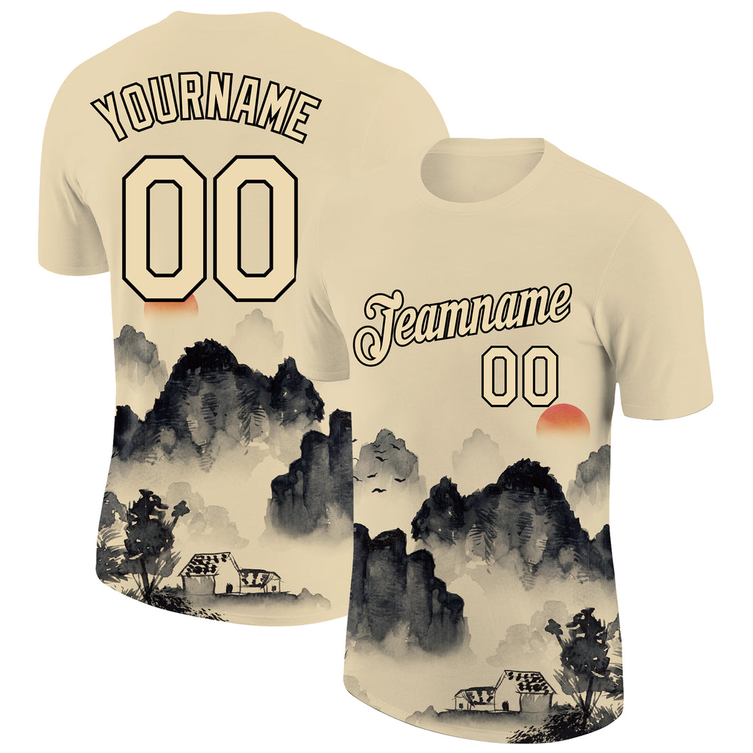 Custom City Cream Black 3D Pattern Design Mountain Performance T-Shirt