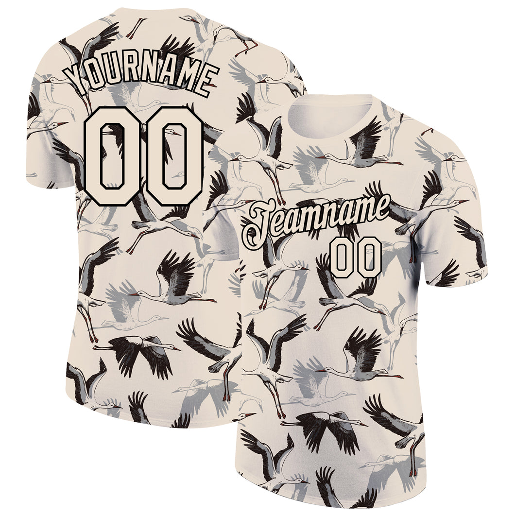 Custom Cream Black 3D Pattern Design Animal Crane Performance T-Shirt