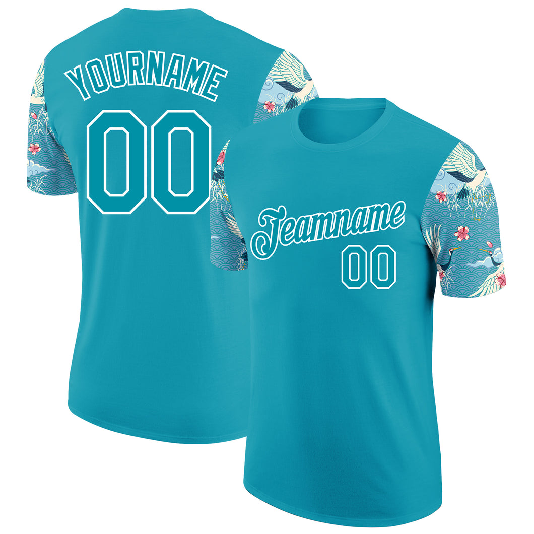 Custom Teal White 3D Pattern Design Animal Crane Performance T-Shirt