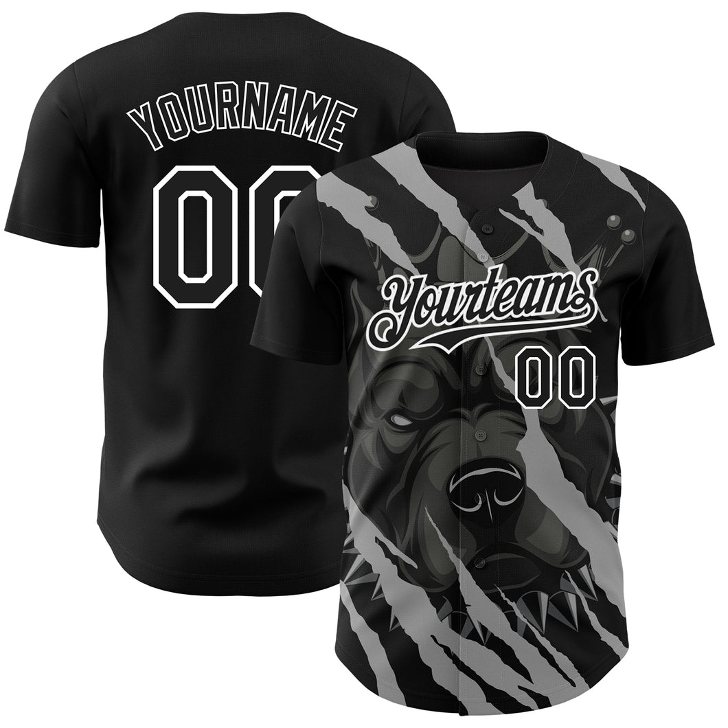 Custom Black White 3D Pattern Design Animal Pitbull Dog Authentic Baseball Jersey