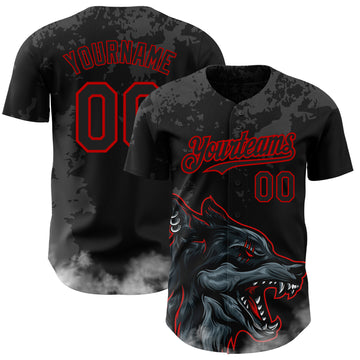 Custom Black Red 3D Pattern Design Animal Wolf Authentic Baseball Jersey