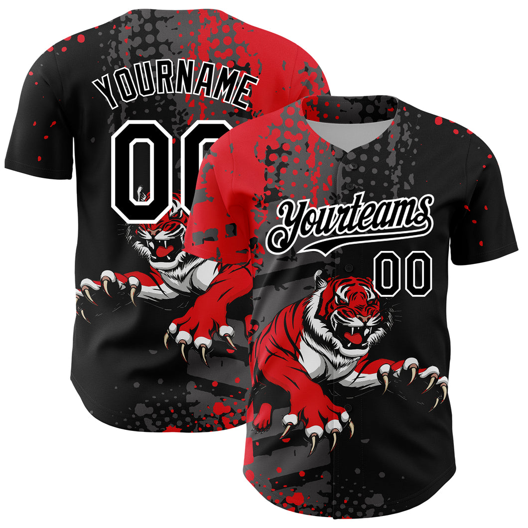 Custom Black Red-White 3D Pattern Design Animal Tiger Authentic Baseball Jersey