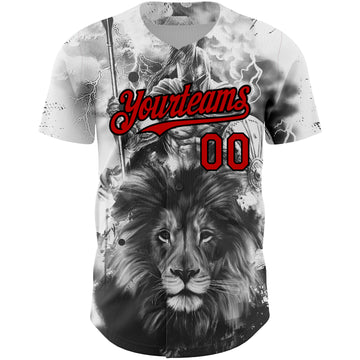 Custom White Red-Black 3D Pattern Design Animal Lion Authentic Baseball Jersey