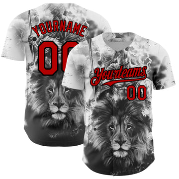 Custom White Red-Black 3D Pattern Design Animal Lion Authentic Baseball Jersey