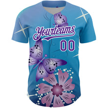 Загрузить изображение в средство просмотра галереи, Custom Light Blue Purple-White 3D Pattern Design Animal Butterfly And Flower Authentic Baseball Jersey
