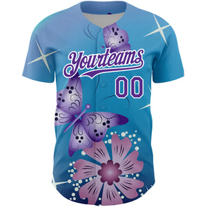 Custom Light Blue Purple-White 3D Pattern Design Animal Butterfly And Flower Authentic Baseball Jersey