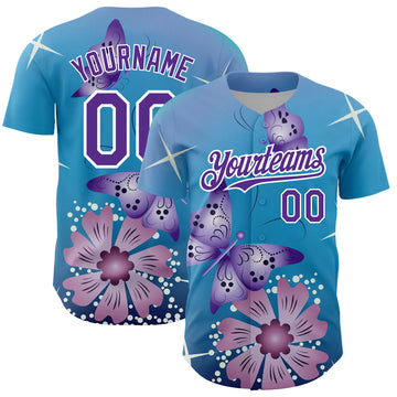 Custom Light Blue Purple-White 3D Pattern Design Animal Butterfly And Flower Authentic Baseball Jersey