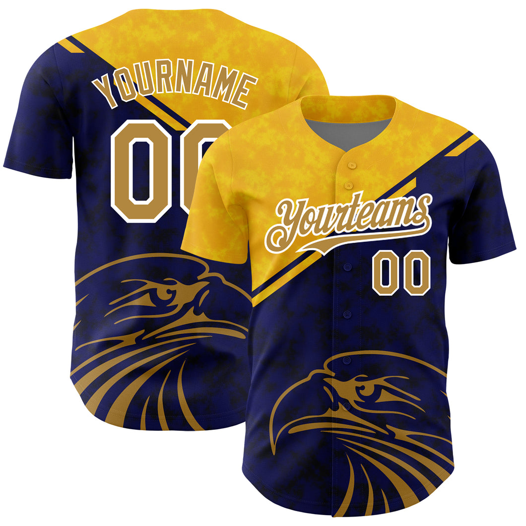 Custom Yellow Old Gold-Navy 3D Pattern Design Animal Eagle Authentic Baseball Jersey