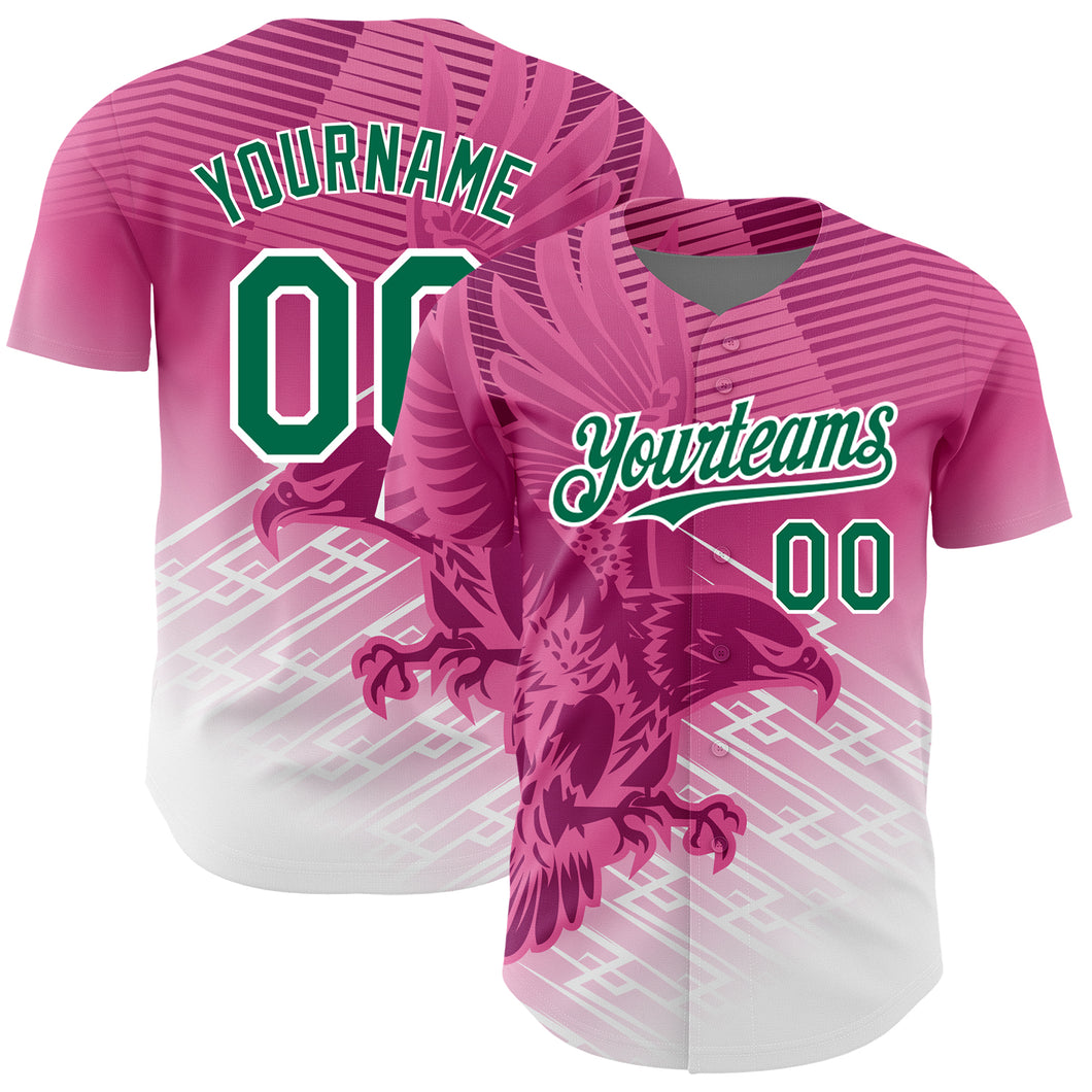 Custom Pink Kelly Green-White 3D Pattern Design Animal Eagle Authentic Baseball Jersey