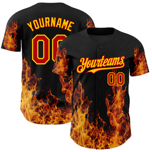 Custom Black Red-Yellow 3D Pattern Design Flame Authentic Baseball Jersey